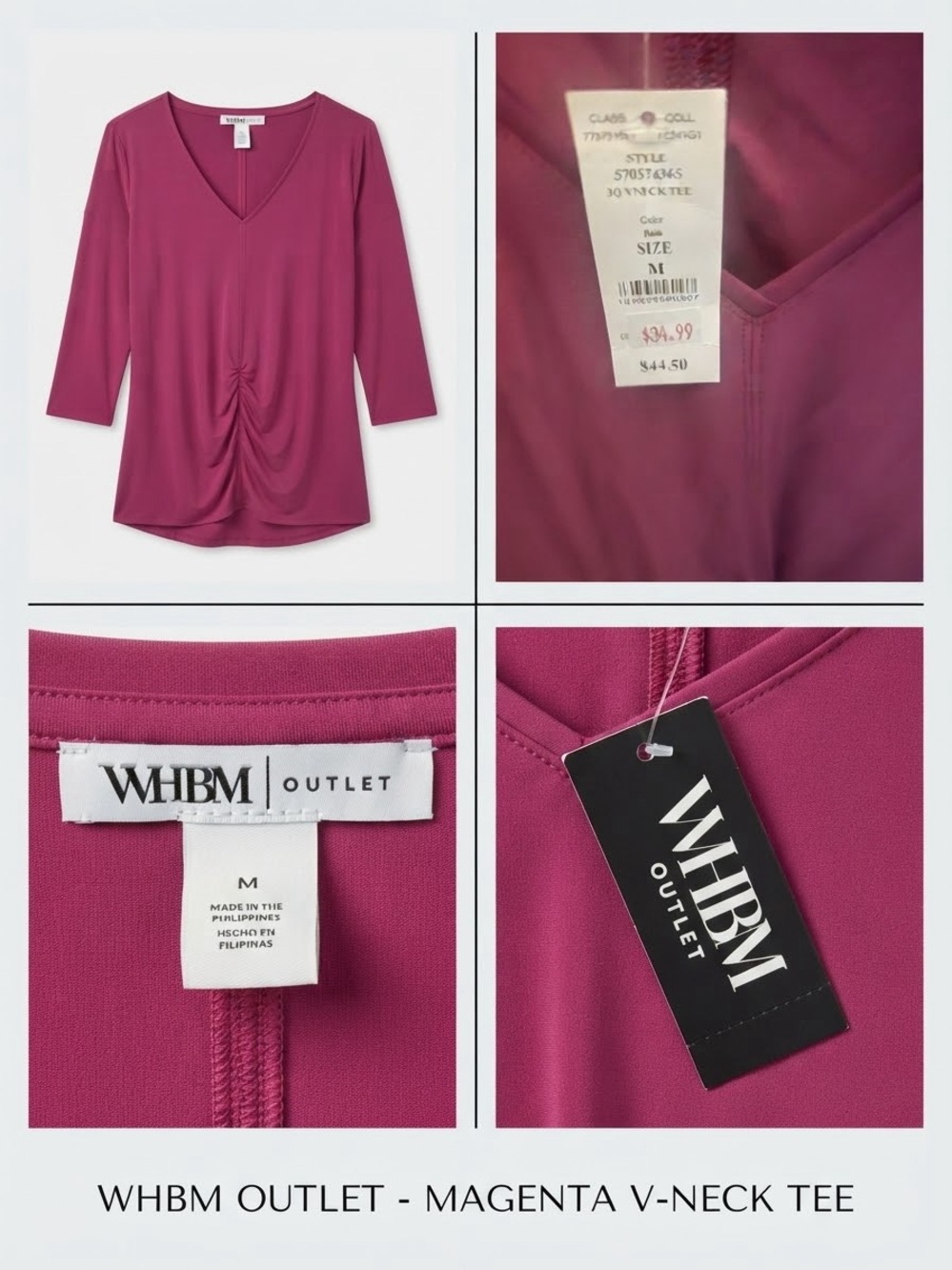 White House Black Market Magenta V-Neck Ruched Front Tee